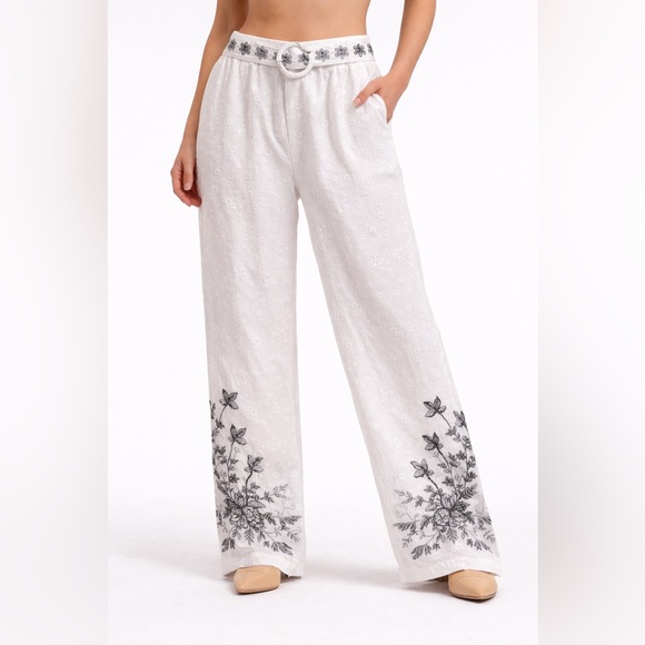 Pants - P300. Embroidered White Wide-Leg Pants with Floral Detail